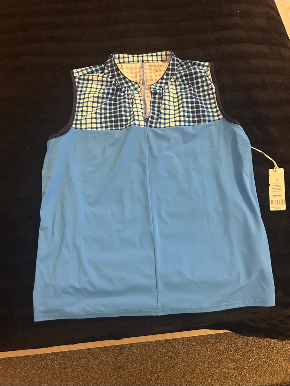 Kinona Sky Blue Sleeveless Top with Navy Gingham Yoke